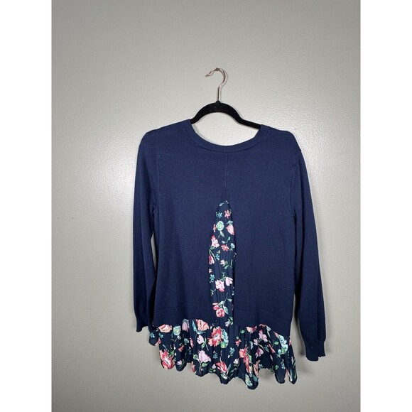 Time & Tru Split Back 2fer Blue Sweater Floral Women’s Top Sz Medium - Oversized - Picture 2 of 9